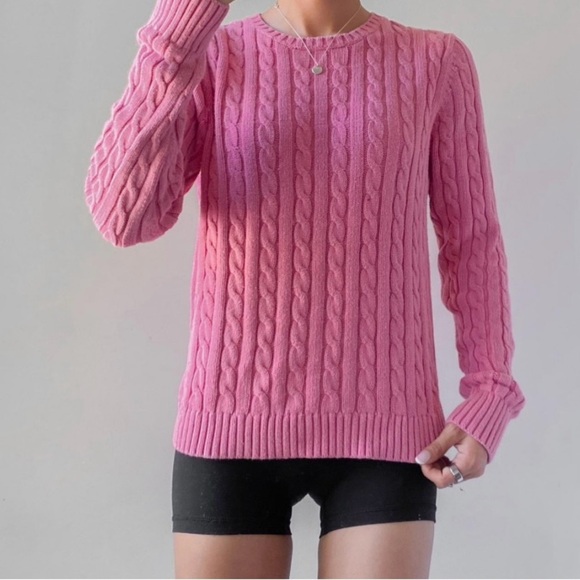 L.L. Bean Pink Crew Neck Cable Knit Sweater - Picture 1 of 11